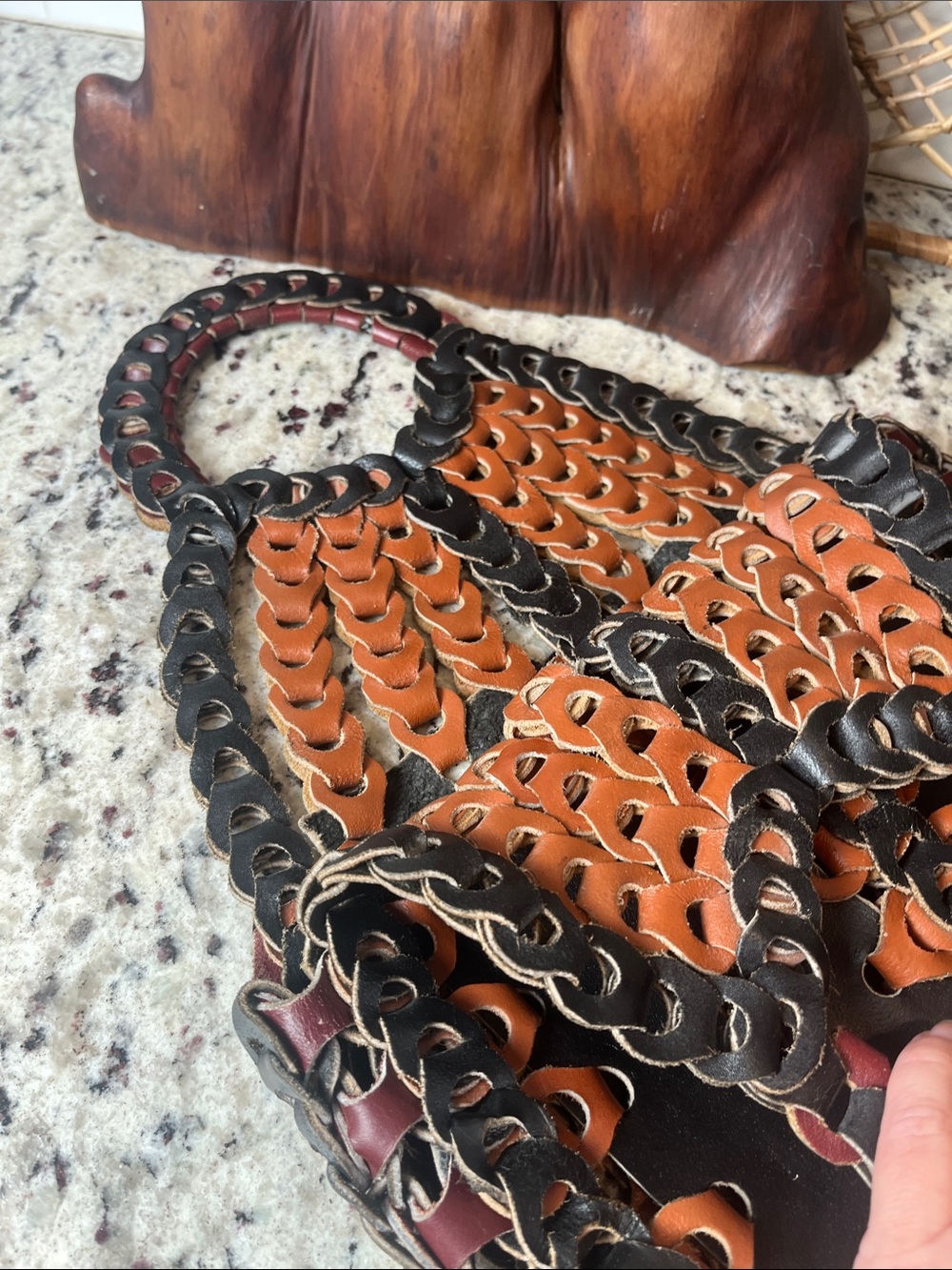Woven Two-Tone Black & Brown Leather Tote - Picture 5 of 9
